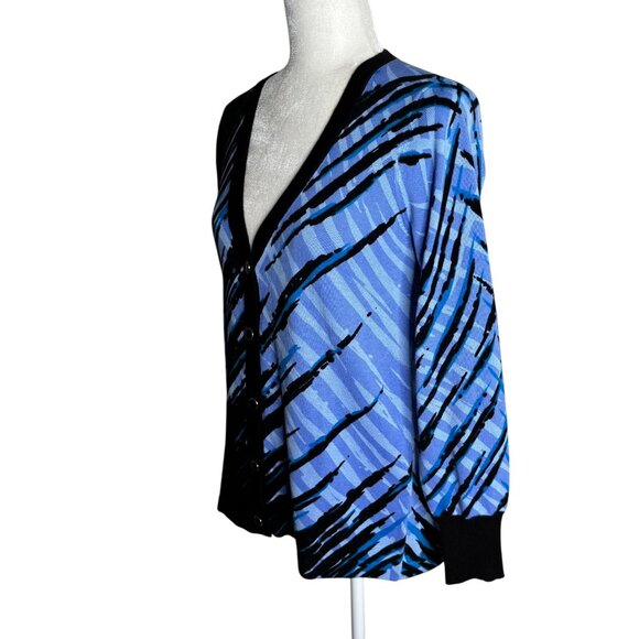 Bob Mackie Wearable Art V-Neck Cardigan Sweater XS Blue Black Cotton Abstract - Picture 5 of 7